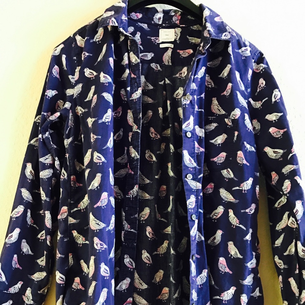 Gap-Bird Print Collared Boyfriend Button Up- Large